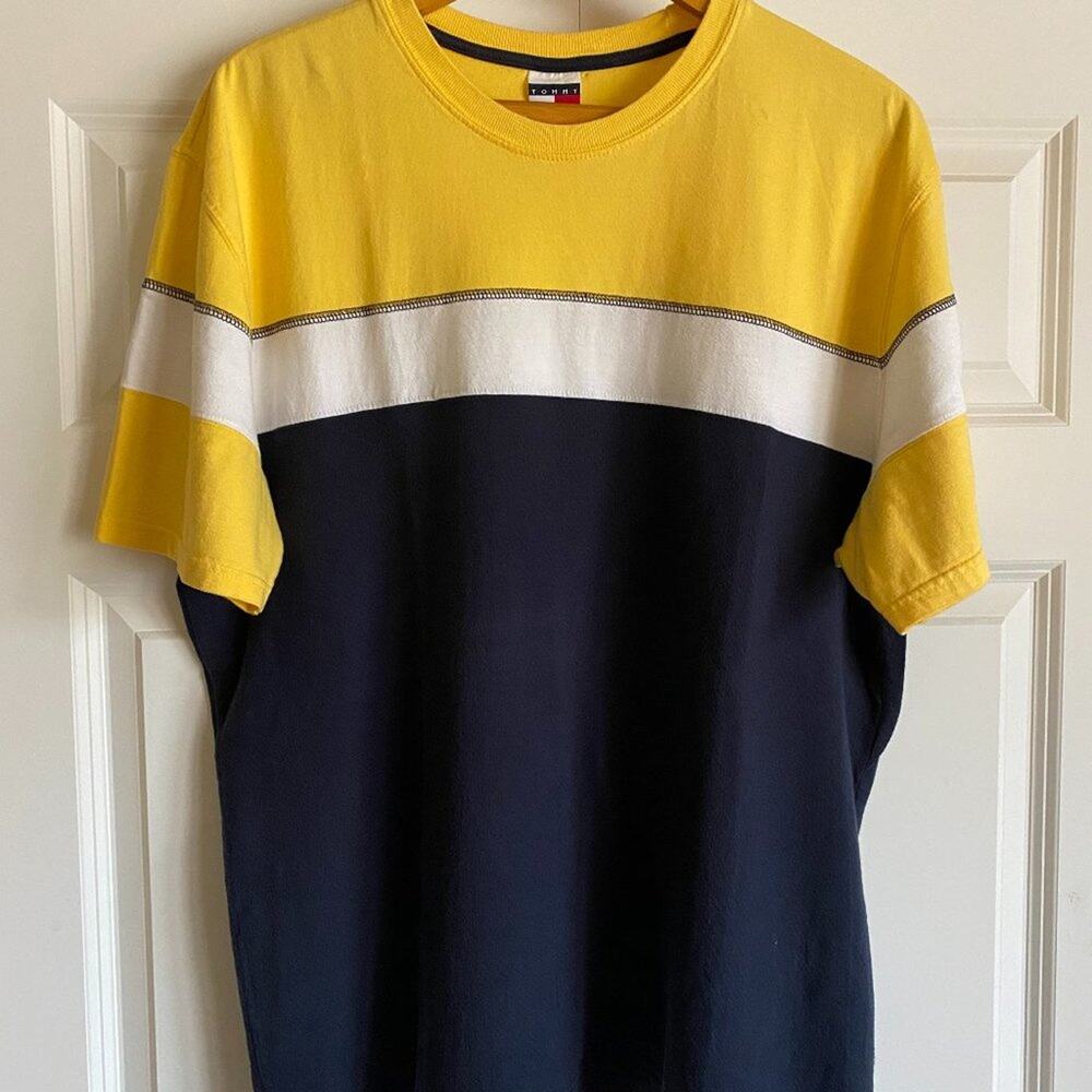 Y2K TOMMY JEANS Vintage Men's T-Shirt Sz XL Yellow White Navy